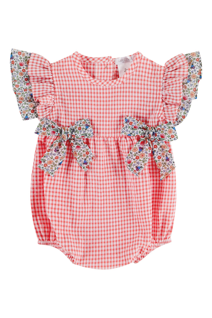 Deolinda "Mika" Coral Gingham Floral Bow Romper | Millie and John