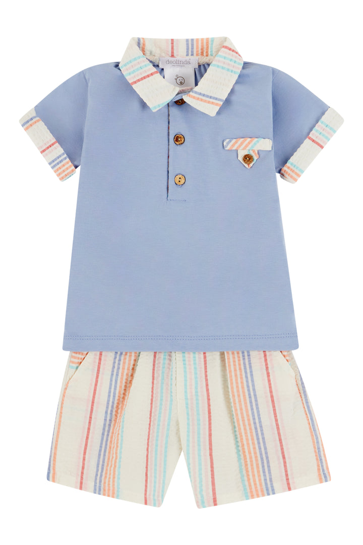 Deolinda "Nolan" Dusky Blue Striped Polo Shirt & Shorts | Millie and John