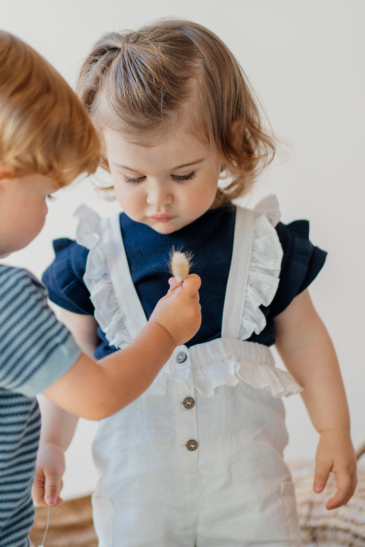 Wedoble "Eve" Linen Ruffle Dungarees | Millie and John