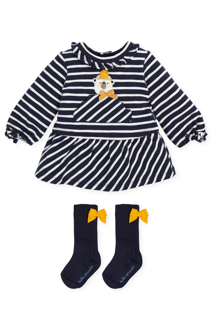 Tutto Piccolo "Etta" Navy Striped Bear Dress & Socks | Millie and John