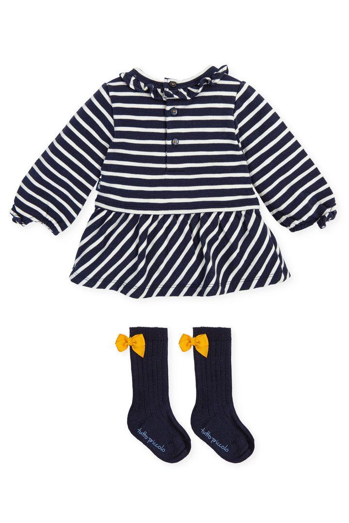 Tutto Piccolo "Etta" Navy Striped Bear Dress & Socks | Millie and John