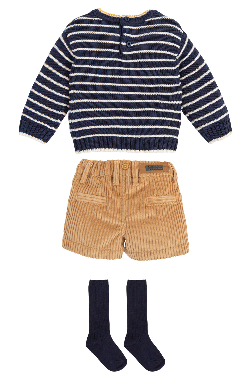 Tutto Piccolo "Tommy" Navy Striped Bear Jumper, Shorts & Socks | Millie and John