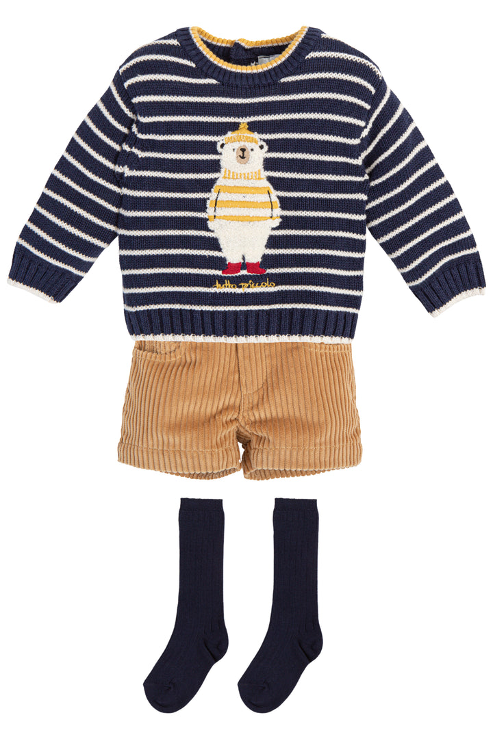 Tutto Piccolo "Tommy" Navy Striped Bear Jumper, Shorts & Socks | Millie and John