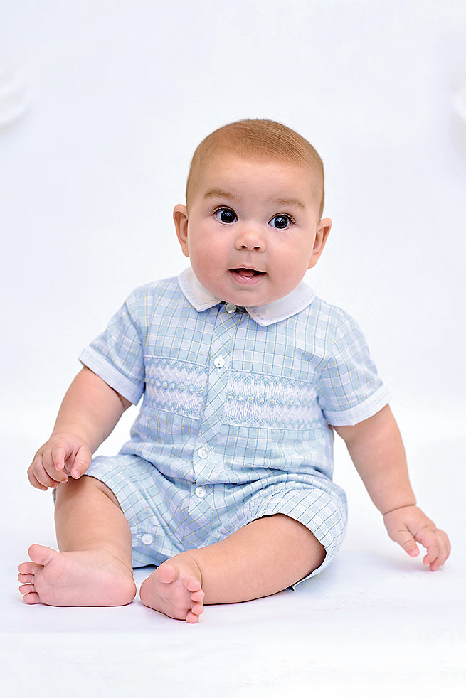 Sarah Louise "Albus" Blue & Yellow Checked Smocked Romper | Millie and John