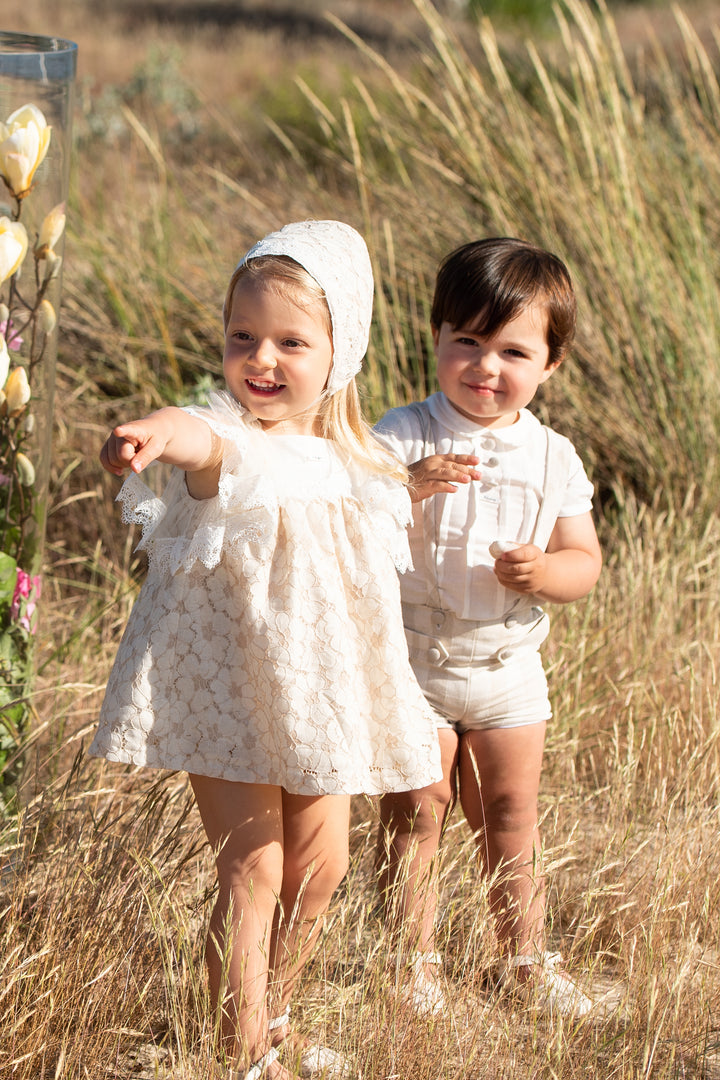 Foque PREORDER "Lilly" Beige Lace Dress & Bloomers | Millie and John