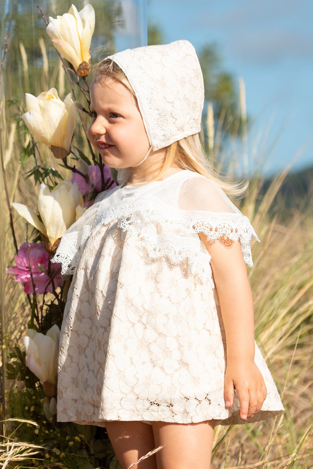 Foque PREORDER "Lilly" Beige Lace Dress & Bloomers | Millie and John