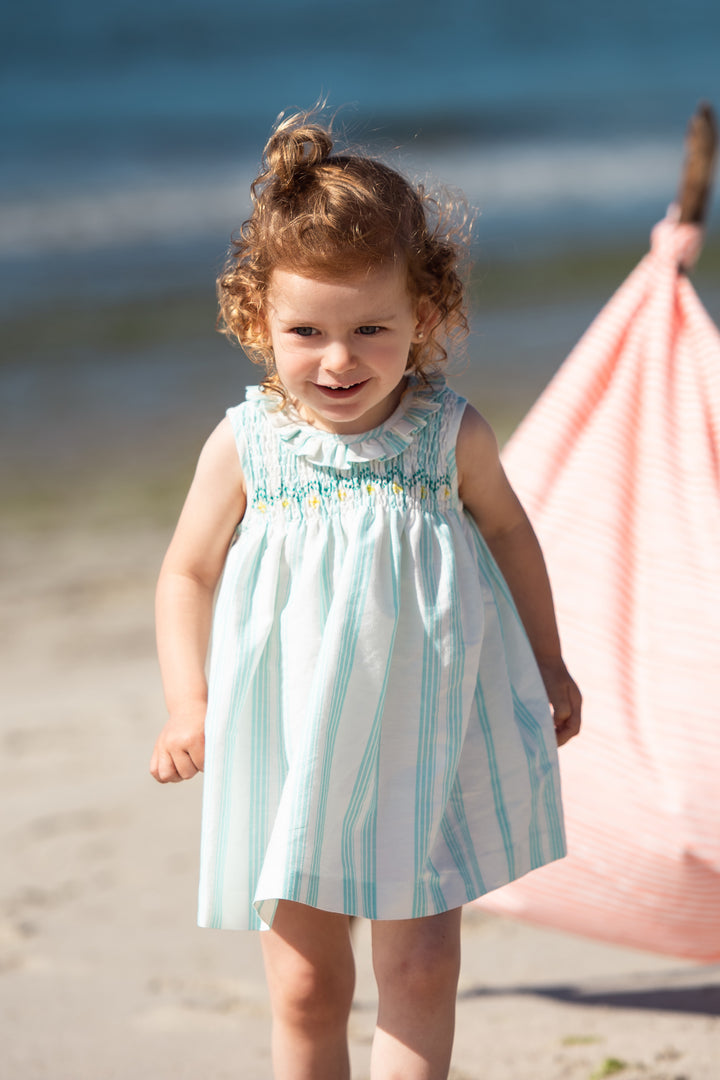 Foque PREORDER "Matilda" Turquoise Striped Smocked Dress | Millie and John