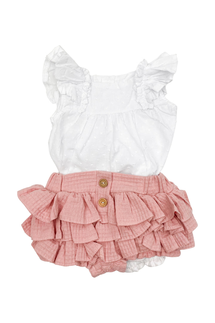 Valentina Bebes "Ella" Plumeti Dot Blouse & Dusky Pink Shorts | Millie and John