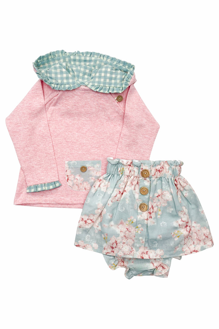Valentina Bebes "Genevieve" Pink Hoodie & Duck Egg Floral Skirt & Bloomers | Millie and John