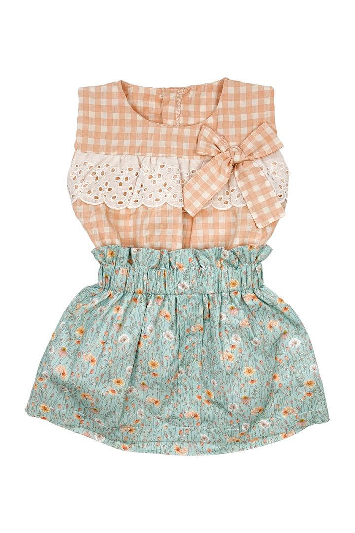 Valentina Bebes "Meadow" Peach Gingham Blouse & Sage Floral Skirt | Millie and John