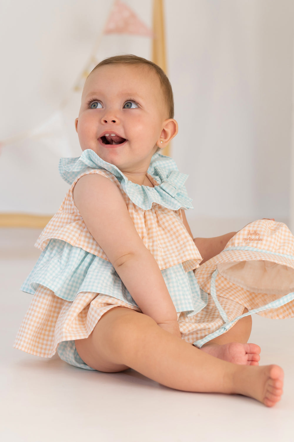 Tutto Piccolo "Mae" Peach & Aquamarine Gingham Dress Set | Millie and John
