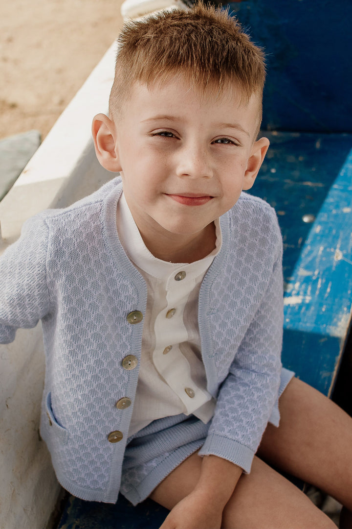 Rahigo "Theodore" Baby Blue Knit Cardigan, Shirt & Shorts | Millie and John
