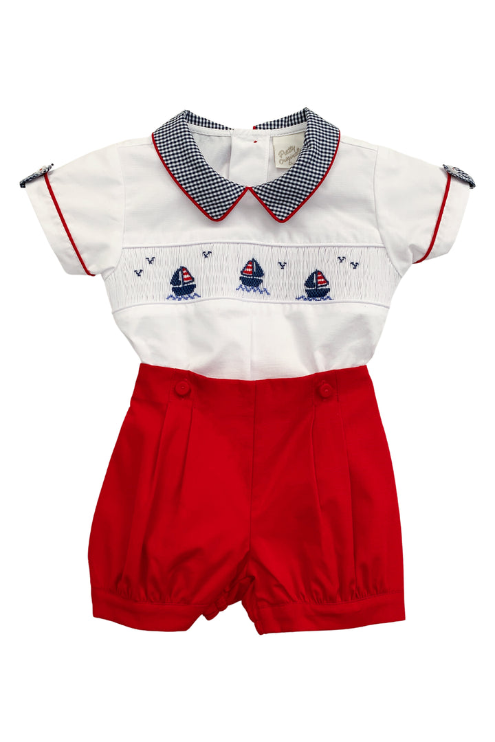 Pretty Originals "Remington" Red & Navy Smocked Sailboat Shirt & Shorts | Millie and John