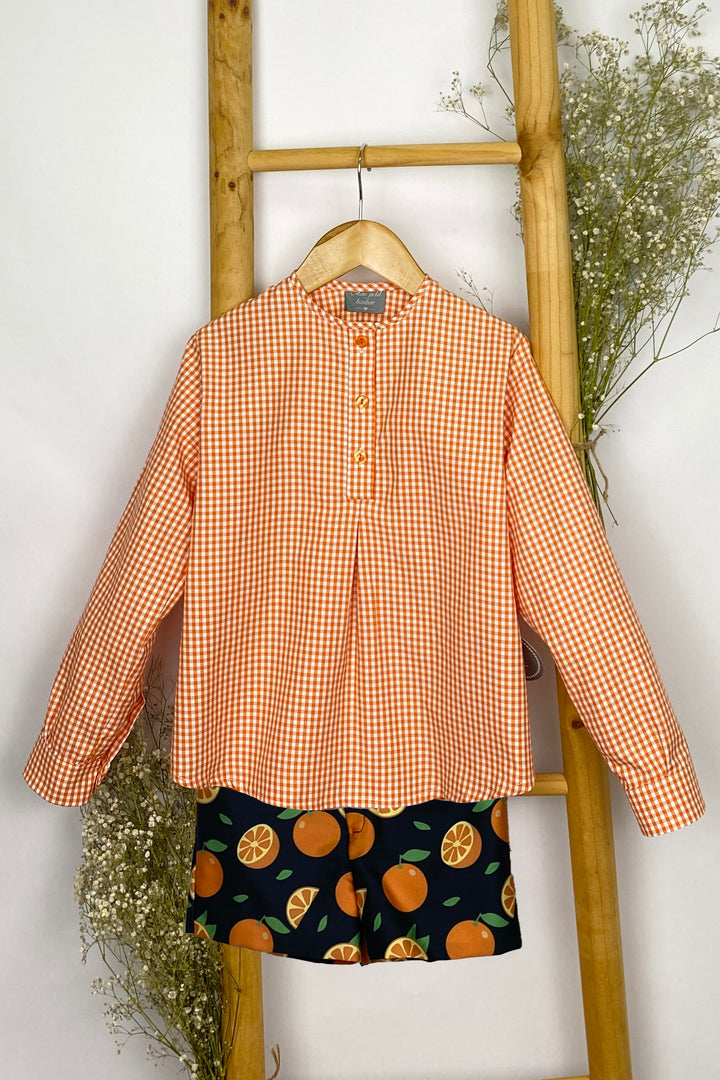Mon Petit Bonbon "Lucas" Orange Gingham Shirt & Shorts | Millie and John