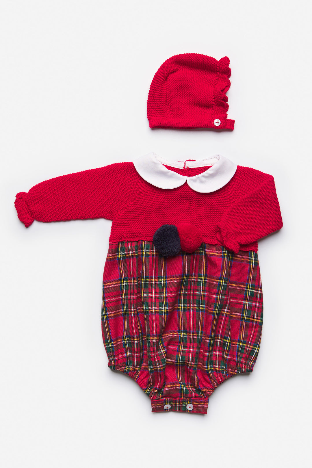 Juliana "Alvie" Red Half Knit Tartan Romper & Bonnet | Millie and John