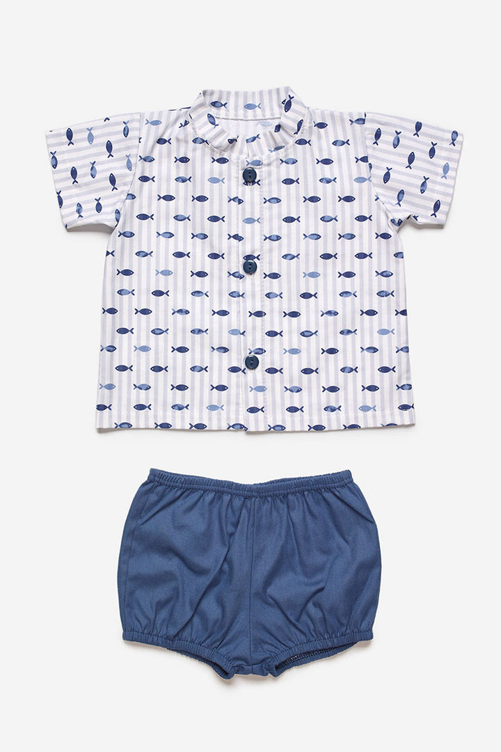 Juliana "Austin" Midnight Blue Fish Print Shirt & Shorts | Millie and John