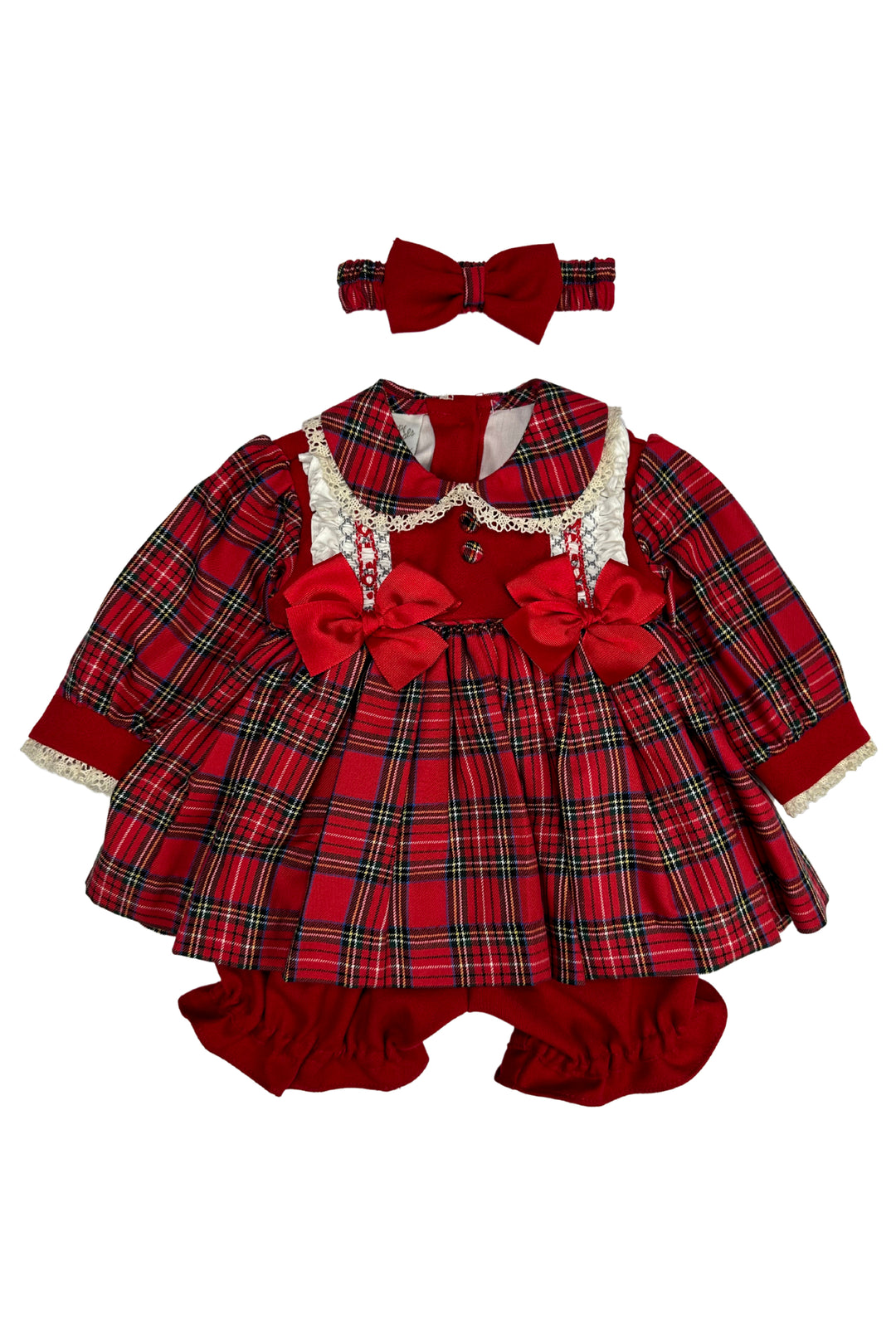 Pretty Originals "Dolly" Red Tartan Smocked Dress, Bloomers & Headband | Millie and John
