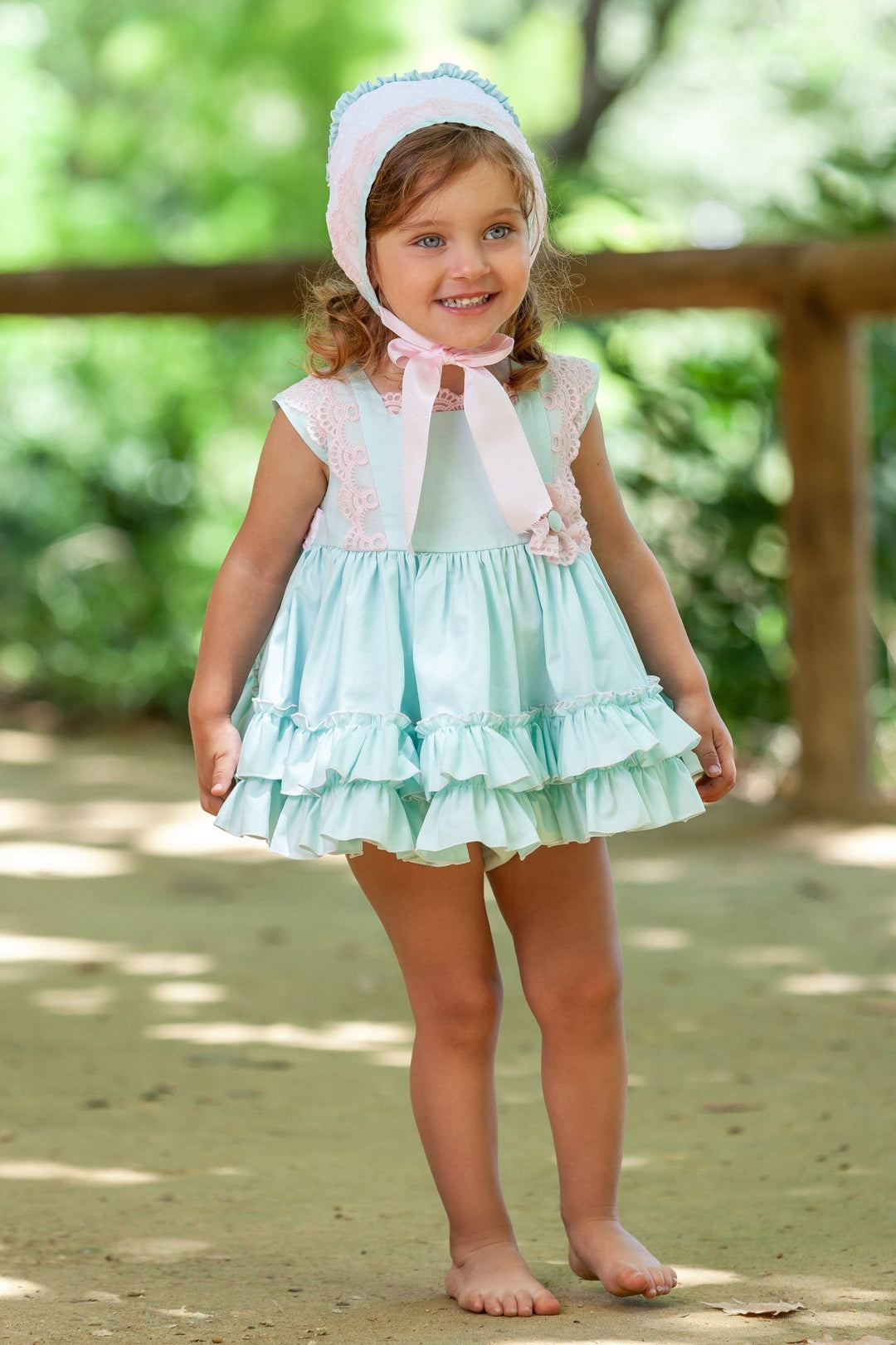 Abuela Tata "Emmy" Mint Green Dress, Bonnet & Bloomers - Millie and John