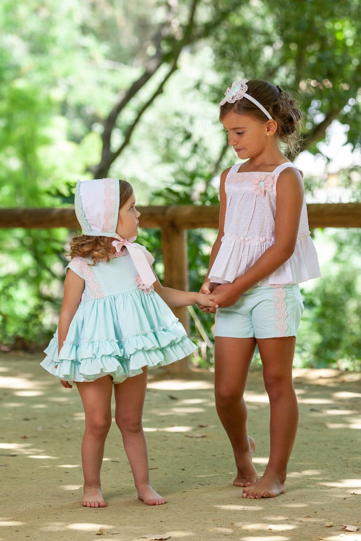 Abuela Tata "Emmy" Mint Green Dress, Bonnet & Bloomers - Millie and John