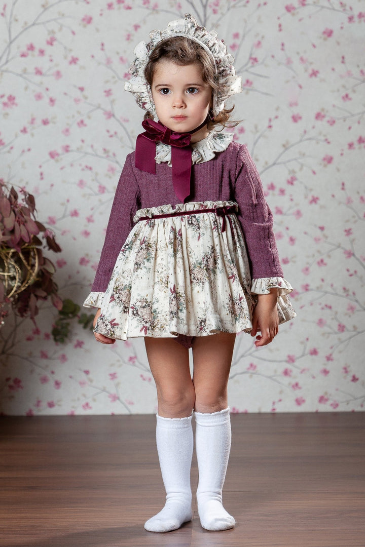 Abuela Tata "Juliette" Burgundy Floral Dress, Bloomers & Bonnet - Millie and John