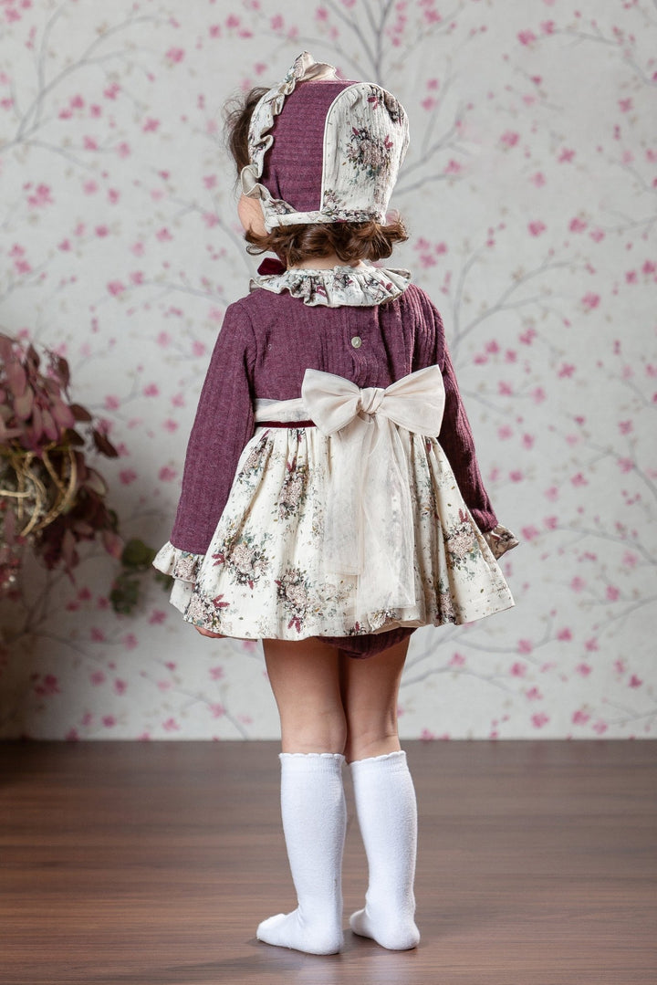 Abuela Tata "Juliette" Burgundy Floral Dress, Bloomers & Bonnet - Millie and John