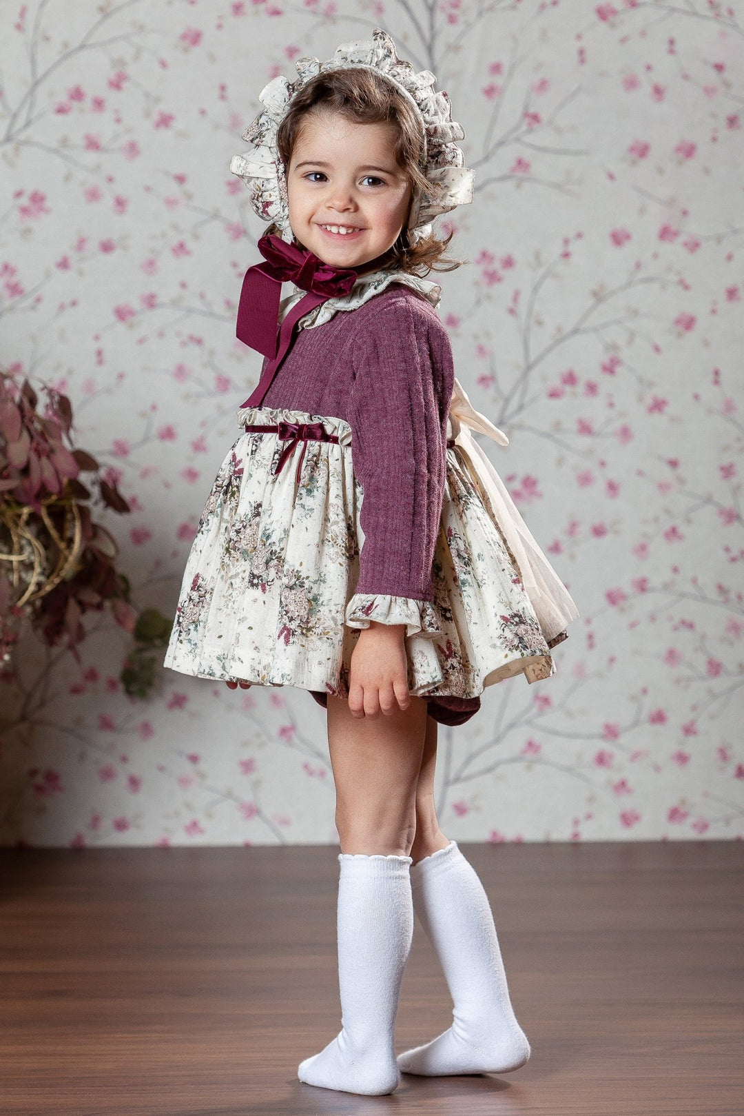 Abuela Tata "Juliette" Burgundy Floral Dress, Bloomers & Bonnet - Millie and John