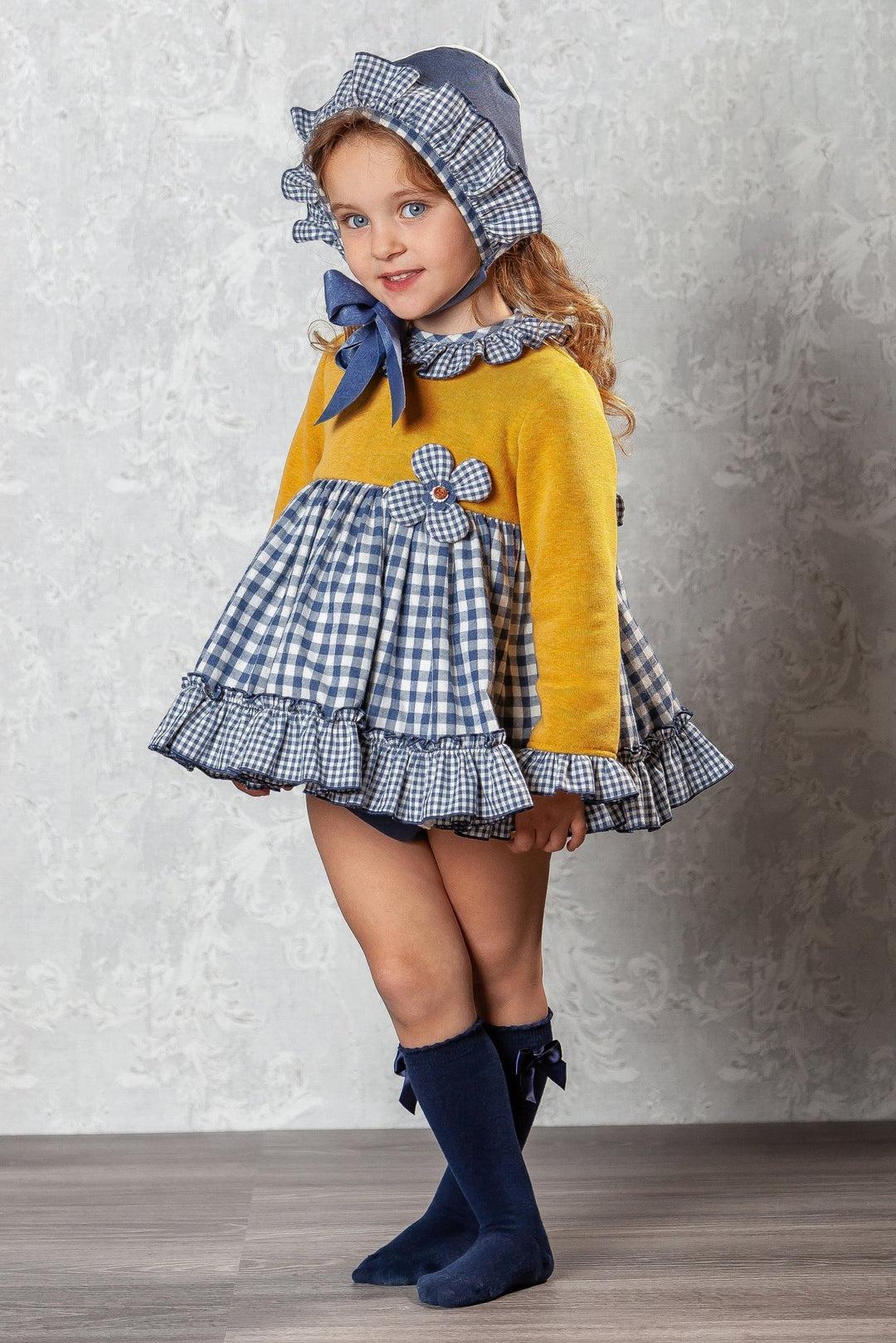 Abuela Tata "Marguerite" Mustard & Navy Gingham Dress Set - Millie and John