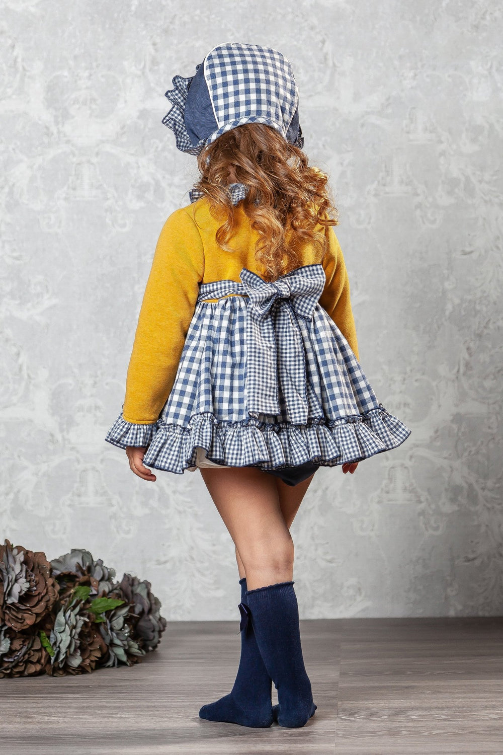 Abuela Tata "Marguerite" Mustard & Navy Gingham Dress Set - Millie and John