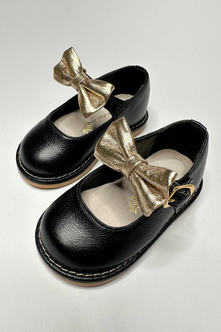 Ananás Petit "Beth" Black Leather Bow Shoes - Millie and John