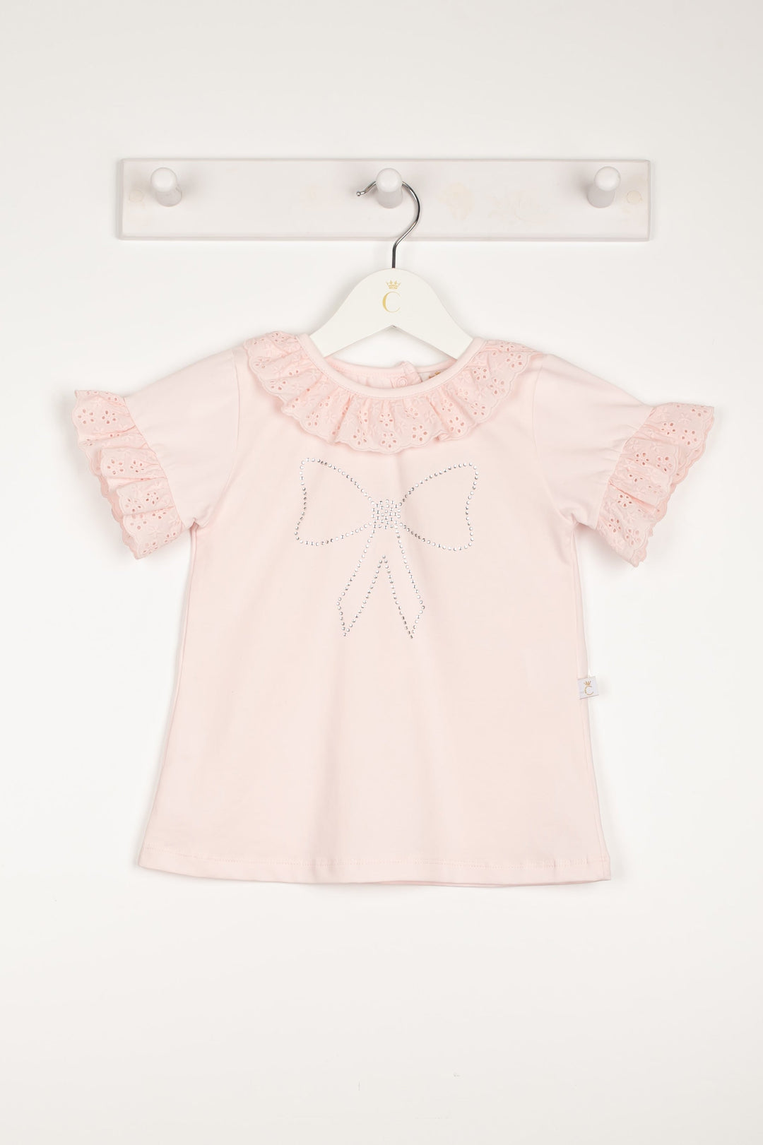 Caramelo Kids "Anna" Pink Broderie Anglaise Diamanté Bow Top | Millie and John