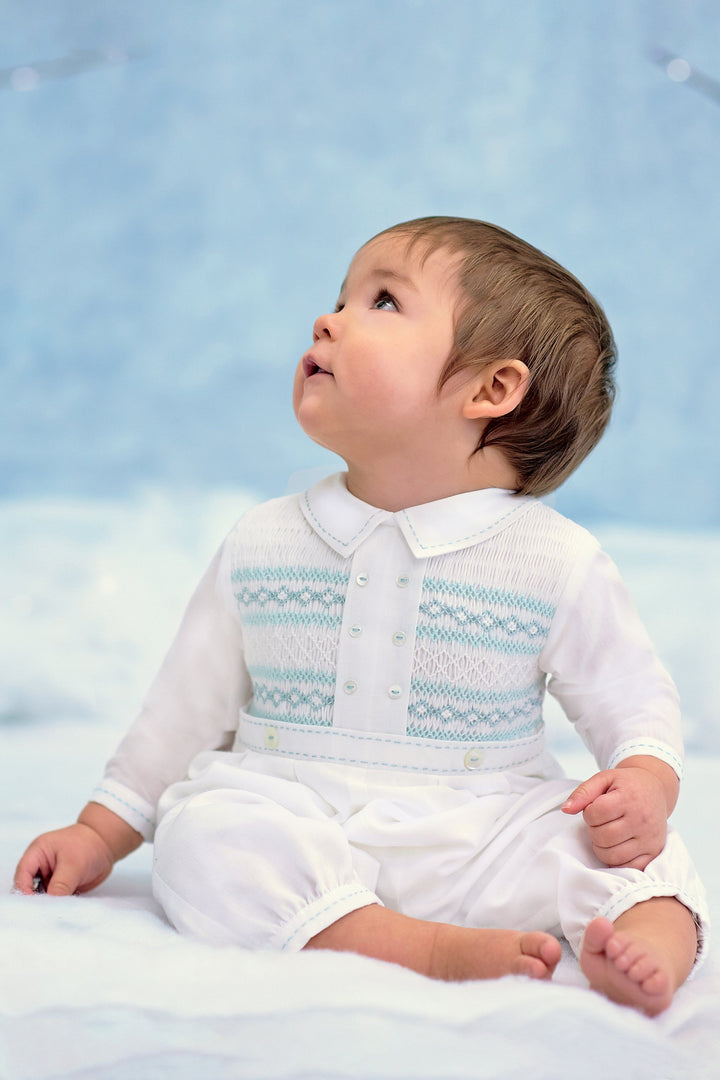 Sarah Louise "Atticus" Ivory & Mint Smocked Romper | Millie and John