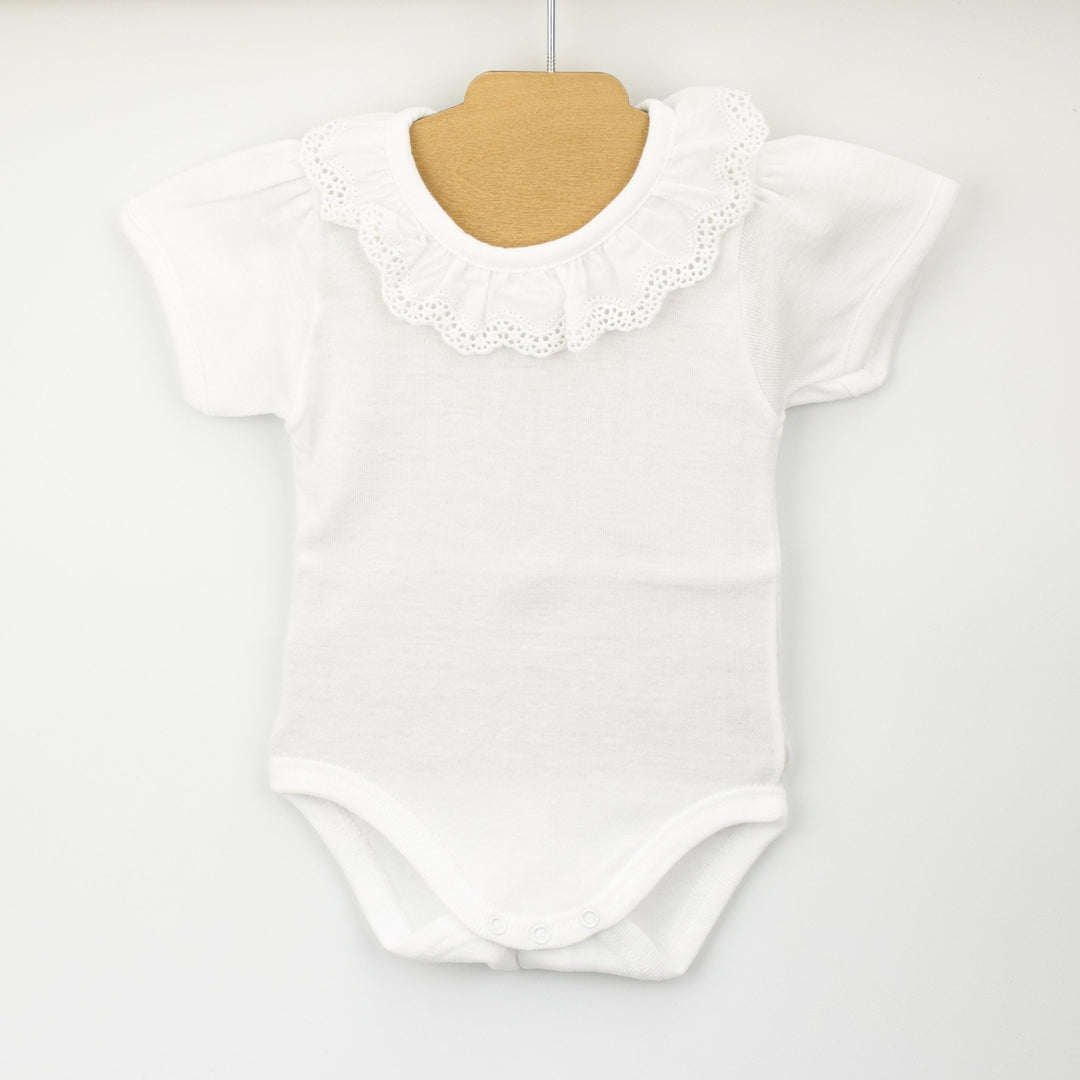 Babidu Short Sleeve Lace Ruffle Collar Bodysuit - Millie and John