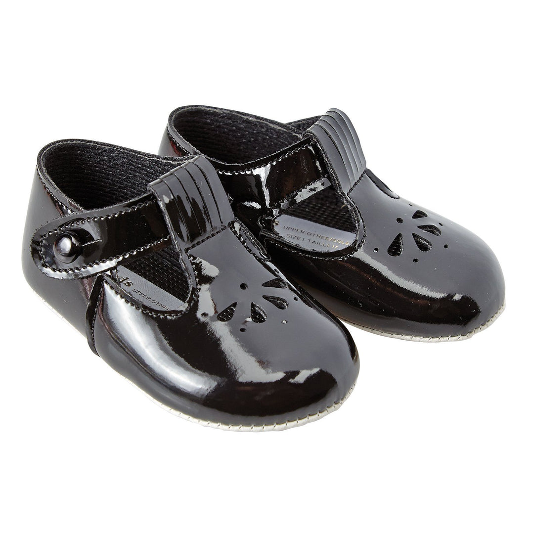 Baypods Black Patent Petal Punch T-Bar Shoes | Millie and John