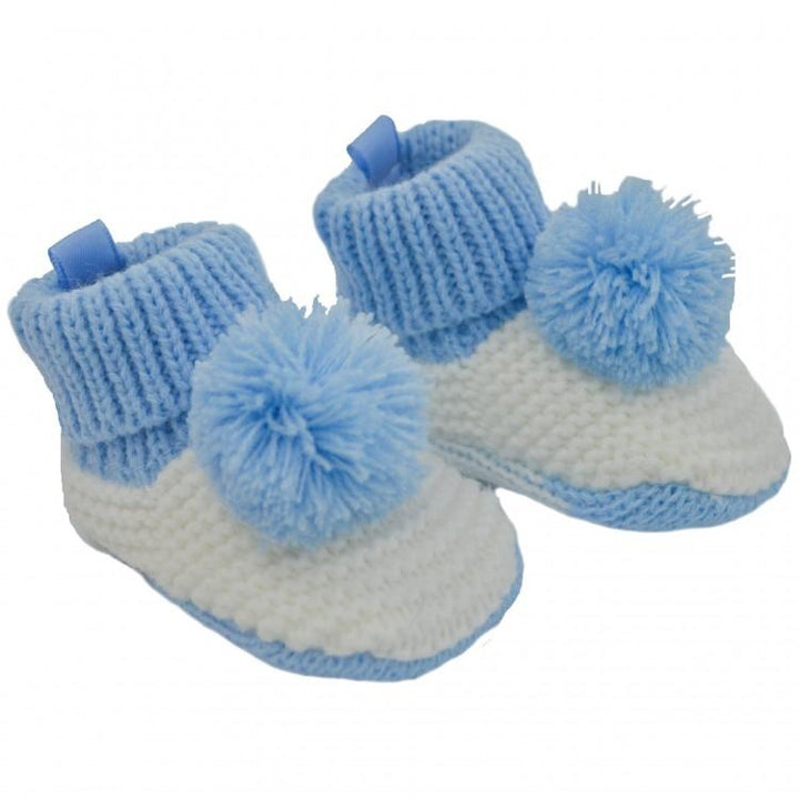 Soft Touch Blue & White Knitted Pom Pom Booties | Millie and John
