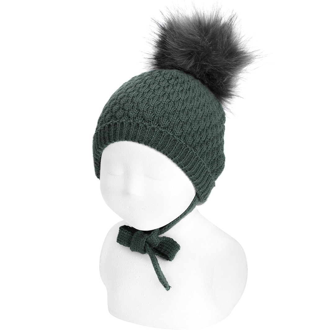 Condor Bottle Green Faux Fur Pom Pom Hat with Ties | Millie and John