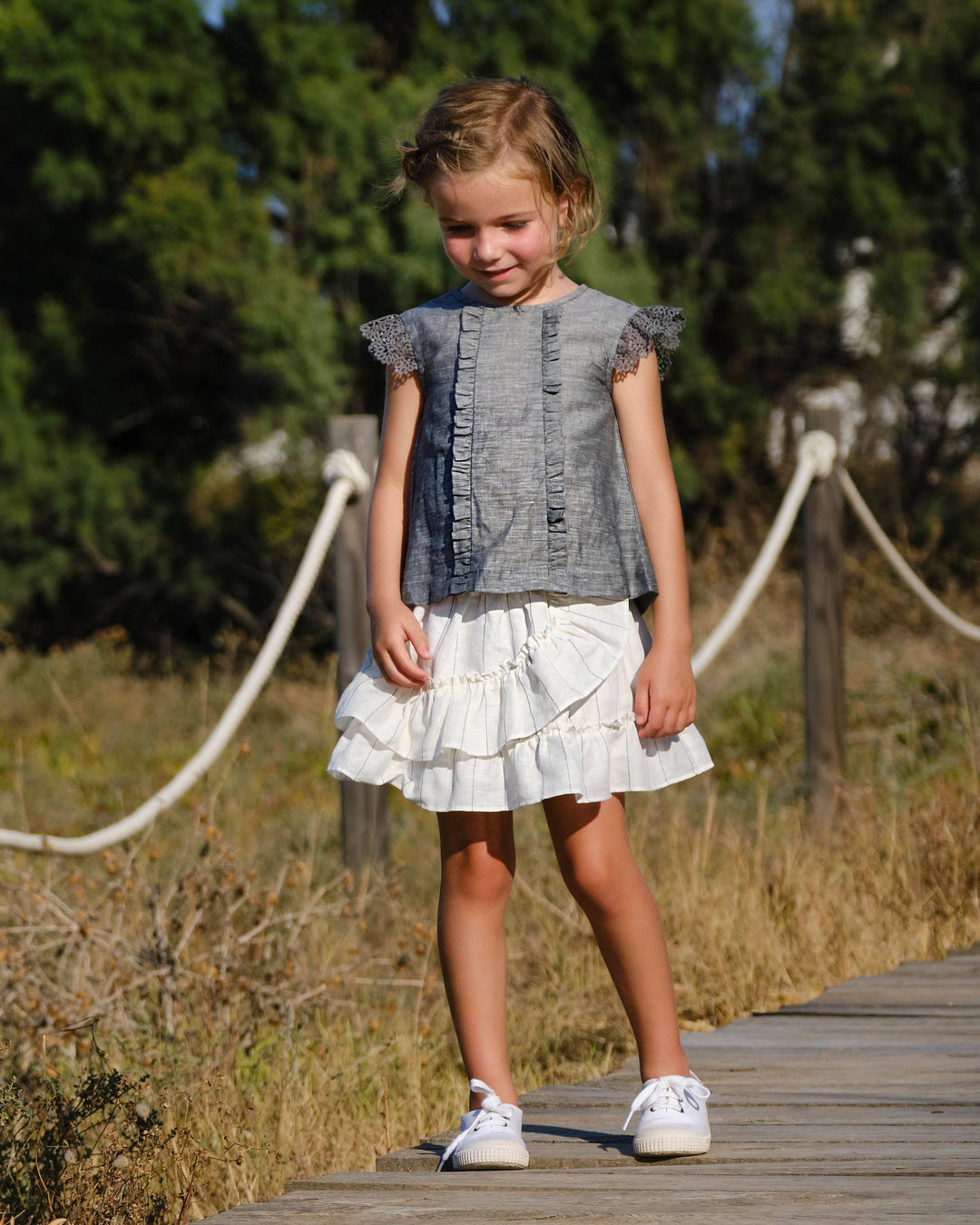 Tutto Piccolo "Breagha" Linen Top & Sparkly Striped Skirt | Millie and John