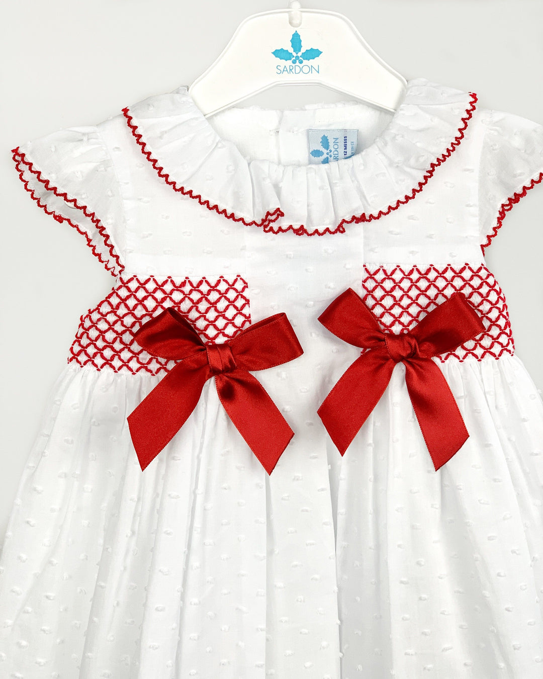 Sardon "Brooke" White & Red Plumeti Dot Bow Dress | Millie and John