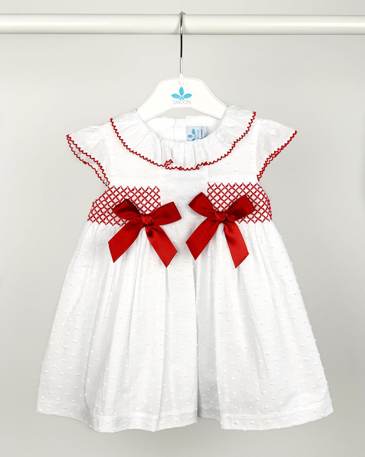 Sardon "Brooke" White & Red Plumeti Dot Bow Dress | Millie and John