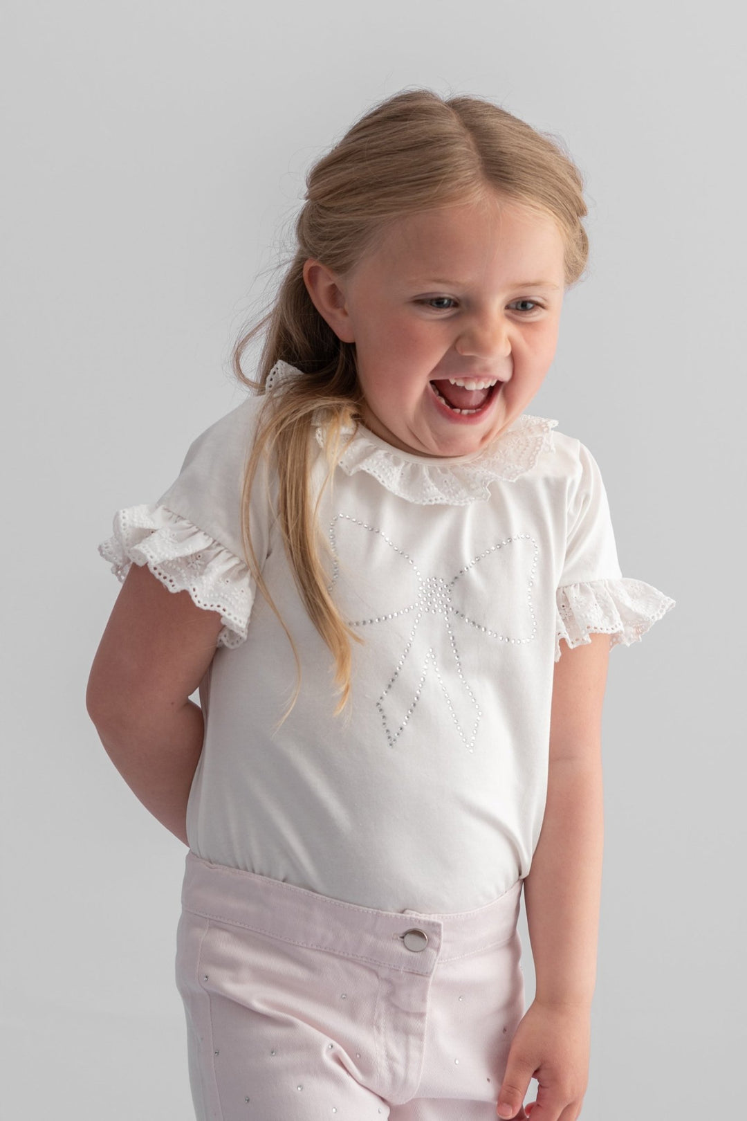 Caramelo Kids "Anna" Ivory Broderie Anglaise Diamanté Bow Top - Millie and John