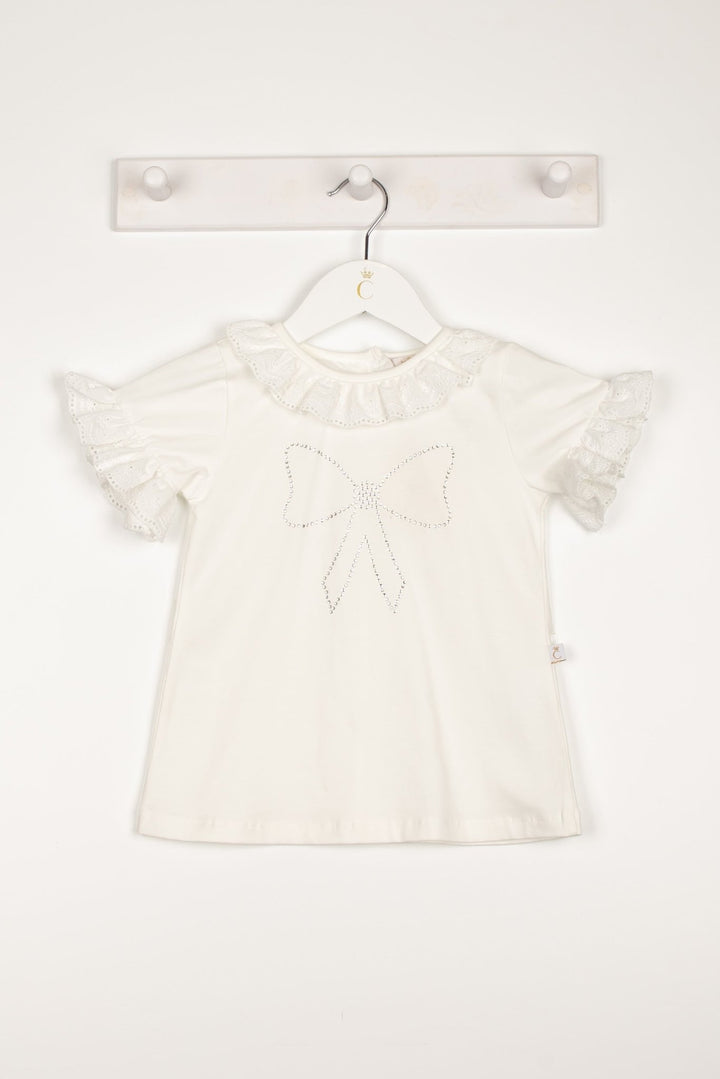 Caramelo Kids "Anna" Ivory Broderie Anglaise Diamanté Bow Top - Millie and John