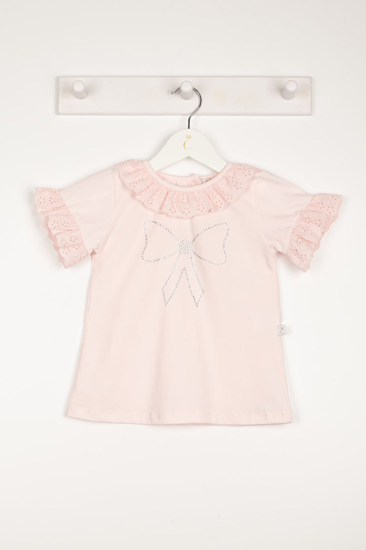 Caramelo Kids "Anna" Pink Broderie Anglaise Diamanté Bow Top - Millie and John