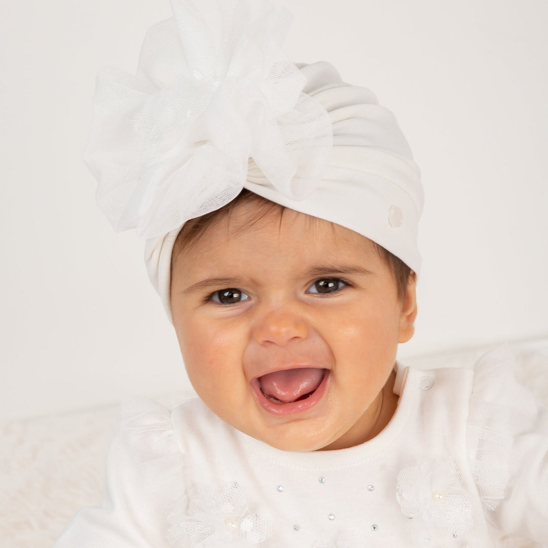 Caramelo Kids Ivory Tulle Flower Turban - Millie and John