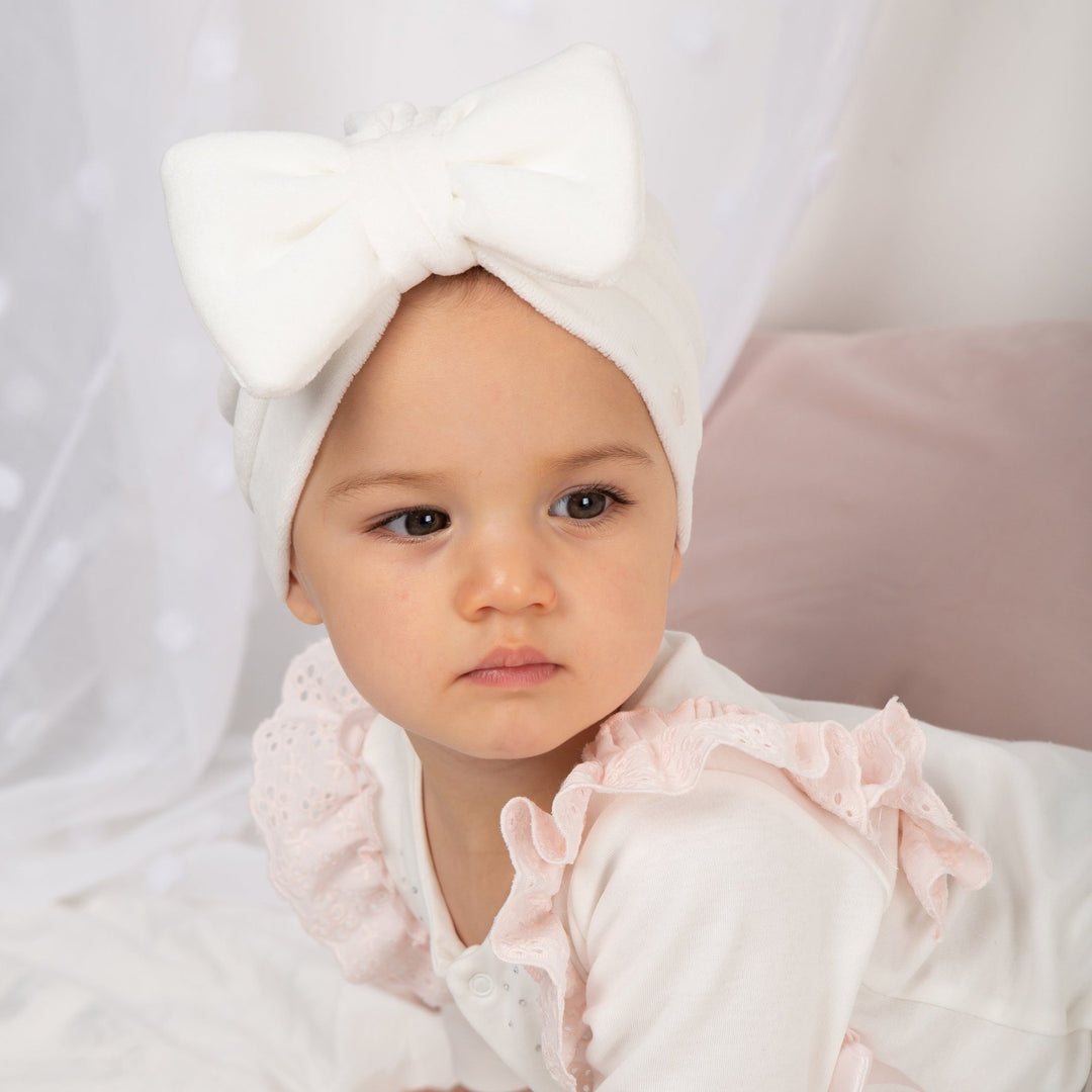 Caramelo Kids Ivory Velour Bow Turban - Millie and John