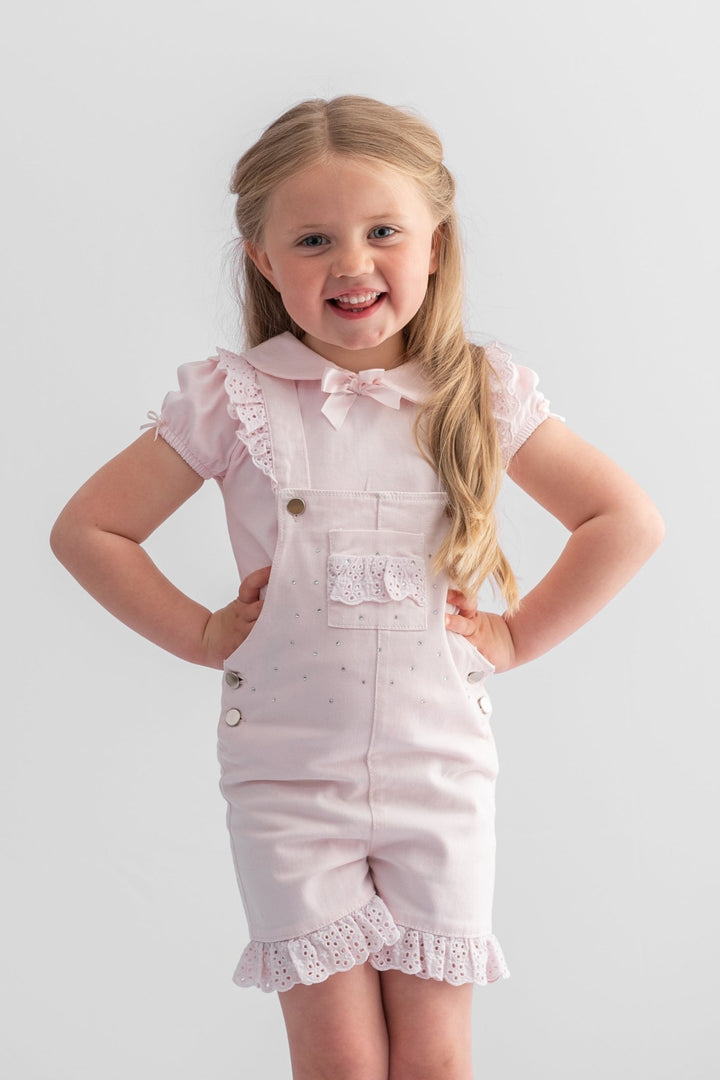 Caramelo Kids "Penelope" Pink Diamanté Denim Dungarees - Millie and John