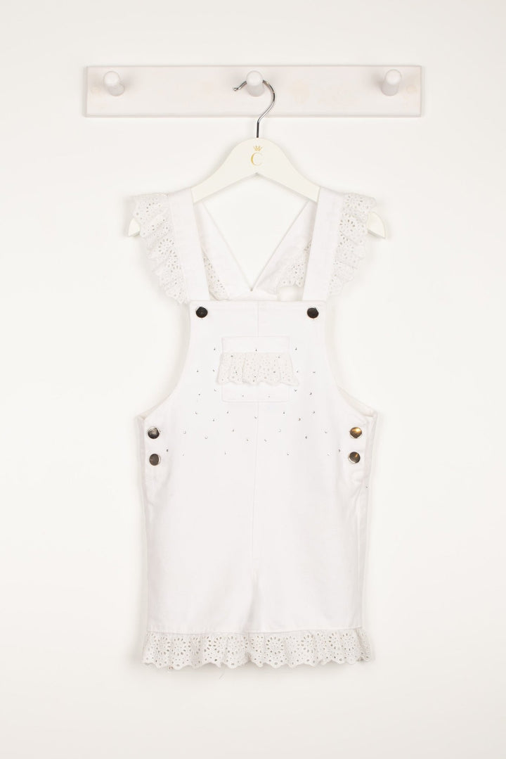 Caramelo Kids "Penelope" White Diamanté Denim Dungarees - Millie and John