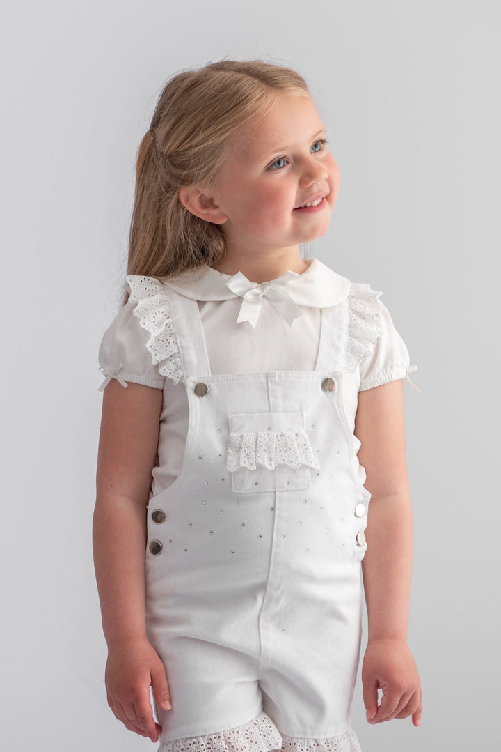Caramelo Kids "Penelope" White Diamanté Denim Dungarees - Millie and John