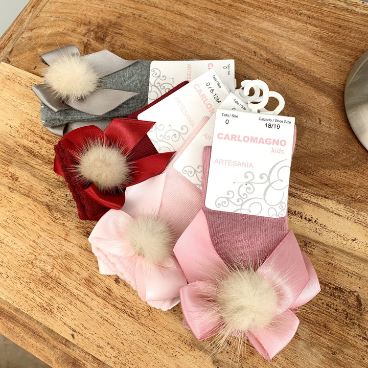 Carlomagno Fur Pom Pom Bow Sock - Millie and John