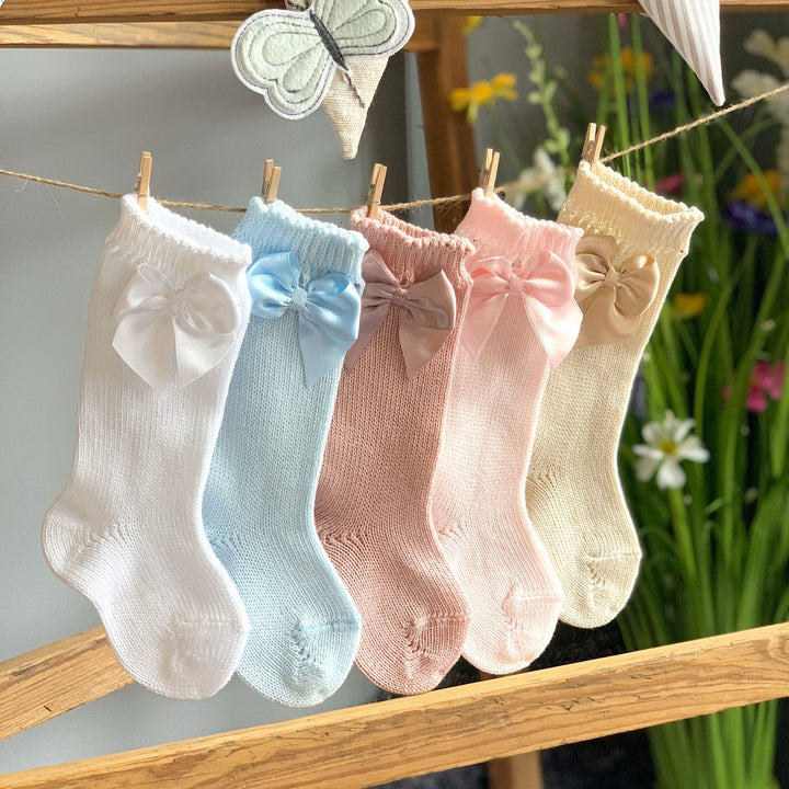 Condor Baby Blue Perlé Satin Bow Socks - Millie and John