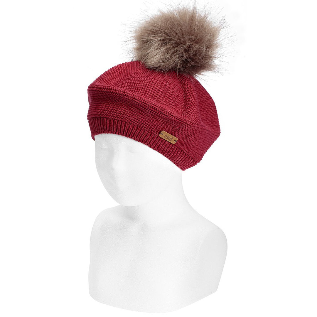Condor Cherry Red Faux Fur Pom Pom Beret - Millie and John