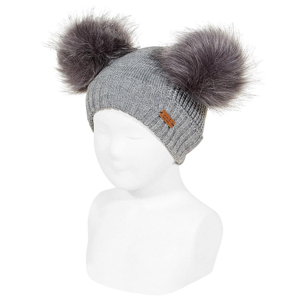 Condor Light Grey Faux Fur Double Pom Pom Hat - Millie and John